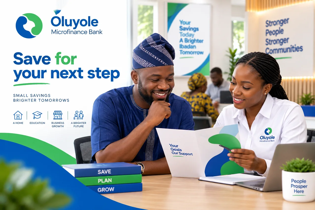 Customer discussing a savings goal with Oluyole Microfinance Bank